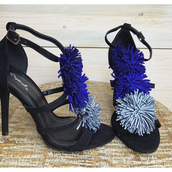 Black Stiletto Heels with Blue Pom Pom Detailing - Picture 3 of 6